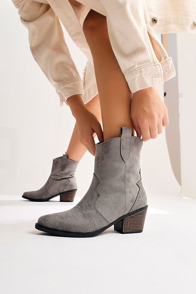 Limoya Joo Grey Suede Μυτερές Γυναικείες Μπότες Western, Γυναικείο Μποτάκι