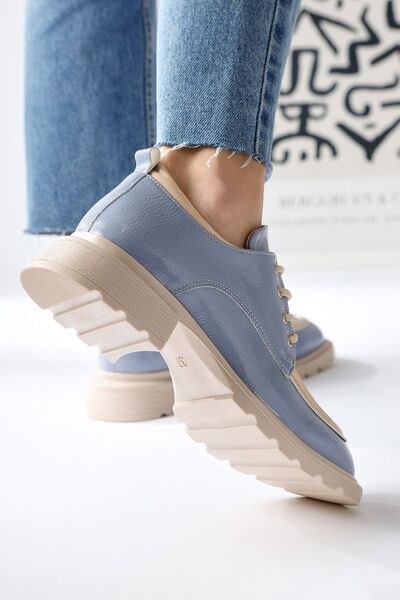 Limoya Niven Mavi Kırışık Rugan Bej Detaylı Makosen, Kadın Loafer Ayakkabı