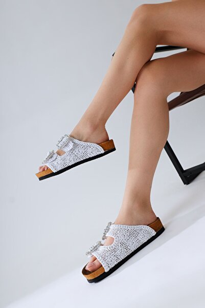 Limoya Γυναικείες παντόφλες Ellina White με διπλό λουράκι και λεπτομέρεια από πέτρα με πλέξη Προϊόν ευκαιρίας