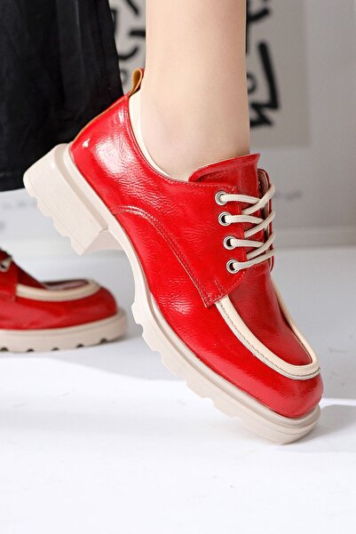 Limoya Niven Red Wrinkled Patent Leather Beige Detailed Moccasin, Women's Loafer Shoes Opportunity Product