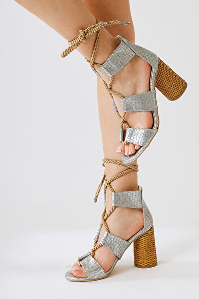 Limoya Britty Silver Crocodile Patent Leather Thick Strap Rope Tie Heeled Women's Sandals Opportunity Product