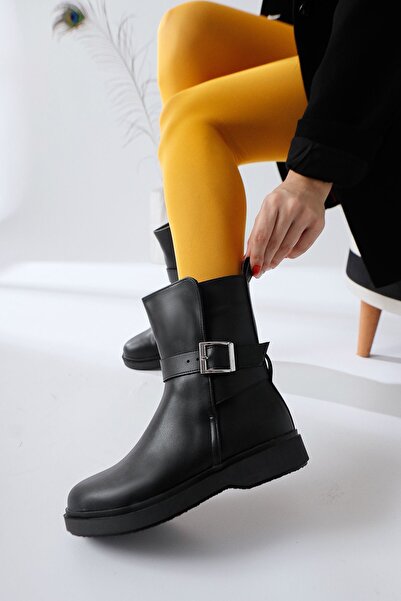 Limoya Behnoush Black Oval Toe Buckle Detailed Women's Boots, Women's Bootie