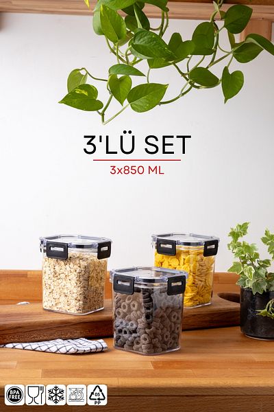 Nandy Home 850ML Set of 3 Square Clear Storage Container with Lock Lid