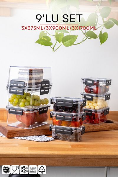 Nandy Home Set of 9 - Rectangular Clear Storage Container with Lock Lid 375-900-17000ML