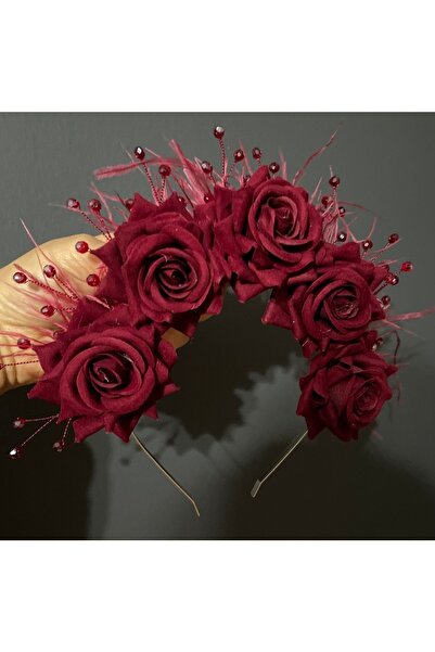 DesaAccessories Bordo Kristal Taş Işlemeli Güllü Ve Tüylü Kına Tacı
