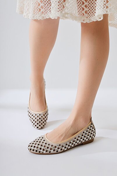 Limoya Milinda Cream, Beige Suede Laser Cut Perforated Stone Ballerinas, Women's Ballerina Shoes