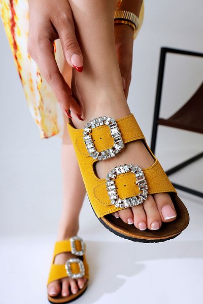 Limoya Brisa Yellow Double Banded Women's Slippers with Stone Buckle Detail