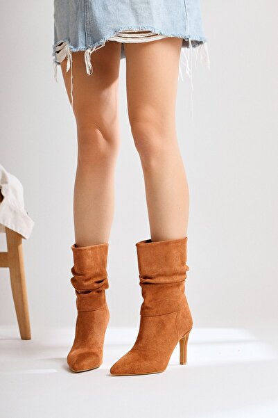 Limoya Wilma Taba Süet Körüklü Ince Topuklu Kadın Bot, Kadın Bootie