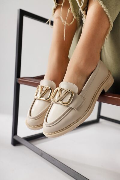 Limoya Elone Nude, Beige Buckle Detailed Moccasin, Women's Loafer Shoes