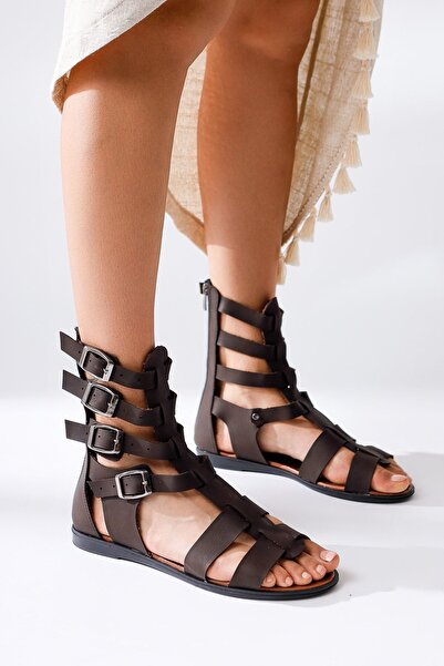 Jilberto Hakiki Deri Miranda Kahve, Acı Kahve Rengi Fermuarlı Gladyatör Kadın Sandalet