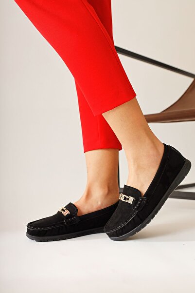 Limoya Turi Black Suede Buckle Detailed Women's Casual Shoes
