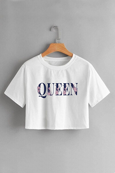 FECCY Tricou crop alb cu imprimeu Quuen pentru femei