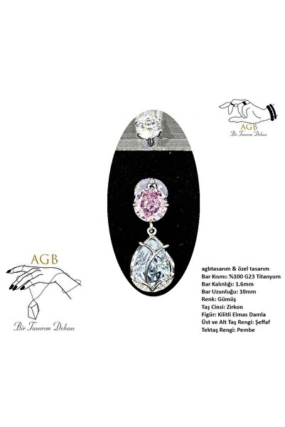 agbtasarım KİLİTLİ DAMLA FİGÜRLÜ TAŞLI "SİNGLE"  PEMBE TEKTAŞLI GÖBEK PİERCİN...