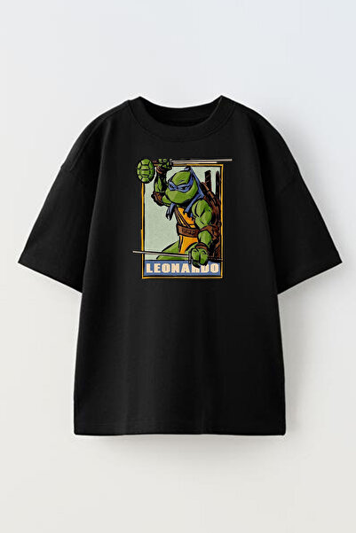 NMG TEKSTİL تي شيرت قطني أسود كبير الحجم مطبوع للجنسين من ليوناردو نينجا كامبلومباجا