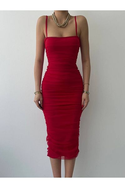 Julishop Julidress Red Tulle Midi Engagement Invitation Dress - Draped and Lined