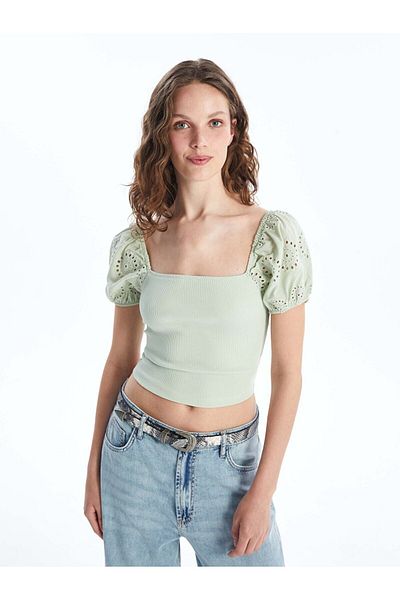 LC Waikiki Einfarbiger, kurzärmliger Damen-Crop mit quadratischem Kragen