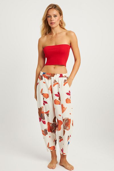 Cool & Sexy Leinengemusterte Baggy-Hose für Damen in Ecru-Braun - K1253
