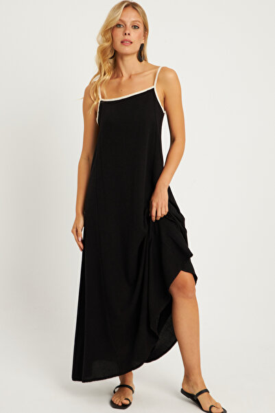 Cool & Sexy Czarna lniana sukienka damska Midi – GÇ174