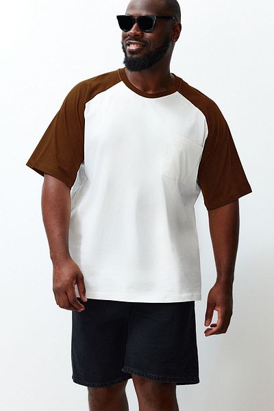 Trendyol Collection Oversize Brown T-Shirt - 100% Cotton, Pocket, Color Block, Comfortable TMNSS24BF00044