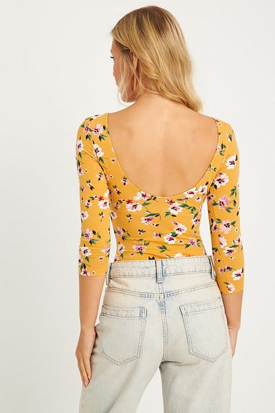 Cool & Sexy Mustard Floral Patterned Women's Bodysuit - with Snap Fasteners, RK40