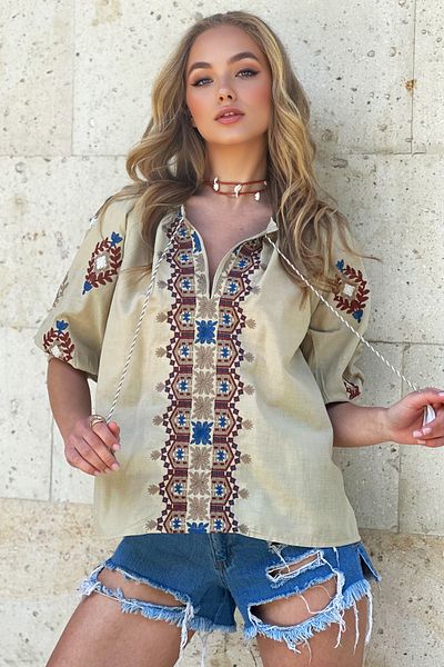 Trend Alaçatı Stili Dark Beige V-Neck Tasseled Embroidered Watermelon Sleeve Blouse - ALC-X12417