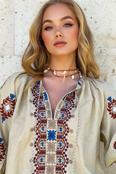 Trend Alaçatı Stili Dark Beige V-Neck Tasseled Embroidered Watermelon Sleeve Blouse - ALC-X12417