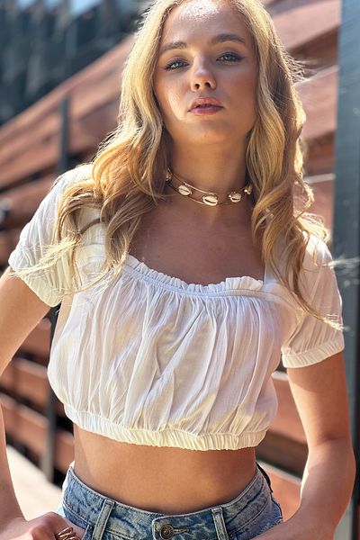 Trend Alaçatı Stili White Square Collar - Elastic Waist Crop Ice ALC-X12422