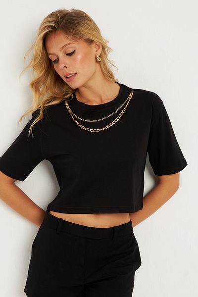 Cool & Sexy Damen T-Shirt mit schwarzem Ketten-Accessoire HT109