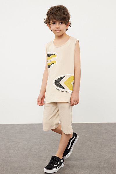 TRENDYOLKIDS Boy's Beige Printed Sleeveless T-Shirt and Shorts Set - Cotton Knitted Tkdss24Au00007