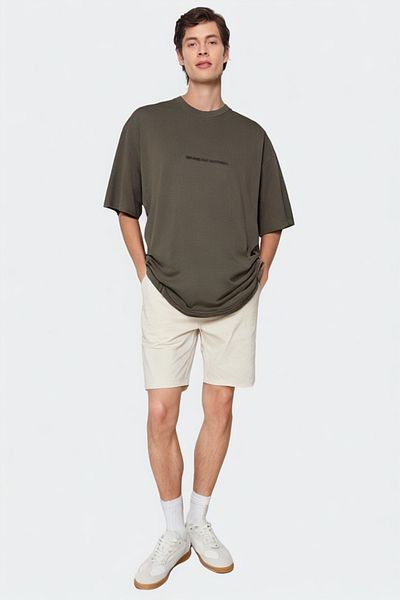 Trendyol Collection Μπλουζάκι Dark Khaki Oversize Fluffy T-Shirt 100% βαμβακερό TMNSS23TS00190