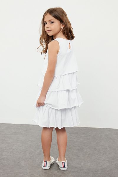 TRENDYOLKIDS Λευκό κοριτσίστικο βολάν βαμβακερό αμάνικο πλεκτό φόρεμα Eid TKDSS24EL00001