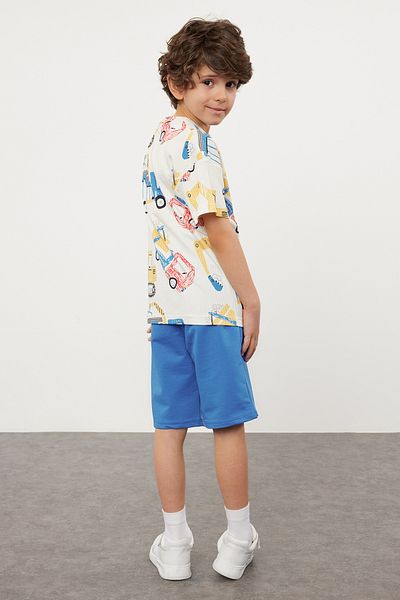TRENDYOLKIDS Boy's Cotton Car Print T-Shirt and Shorts Set - Ecru Tkdss24Au00026
