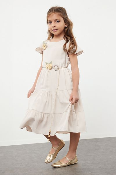 TRENDYOLKIDS Κορίτσι Παιδική Πέτρινη Ζώνη Λεπτομερής Απλικέ Λουλούδι Βαμβακερό Υφαντό Κοντομάνικο Φόρεμα Eid TKDSS24EL00015