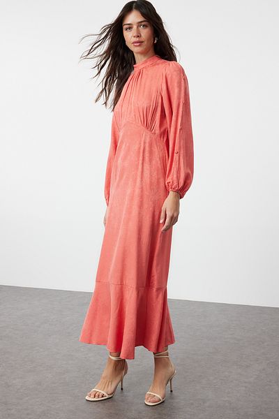 Trendyol Modest Rochie cu țesătură florală din jacquard trandafir uscat TCTSS24EB00064