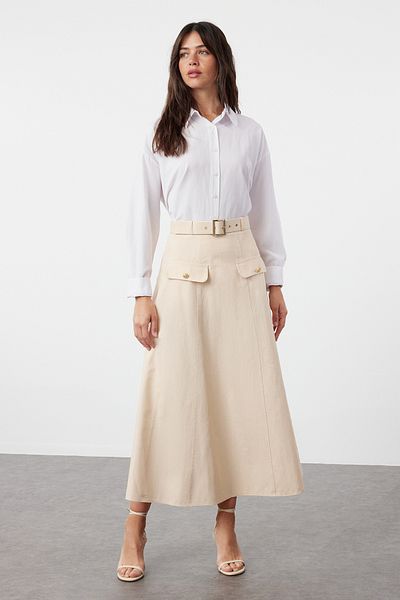 Trendyol Modest Gabardine bézs szőtt szoknya – részletes zseb, TCTSS24EE00016