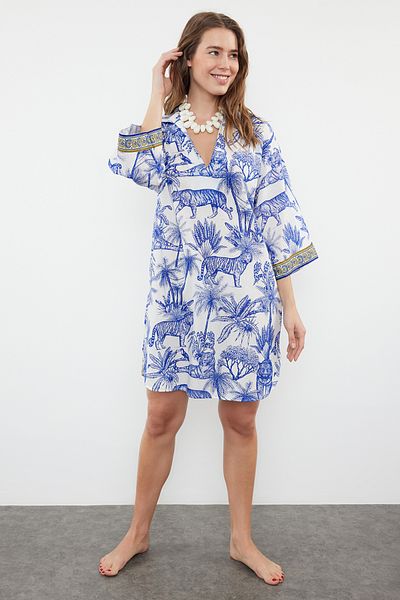 Trendyol Collection Wide Fit Tropical Print Midi Beach Dress - 100% Cotton TBESS24EL00047