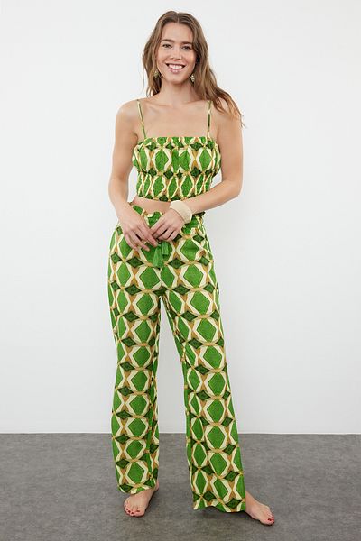 Trendyol Collection Geometric Patterned Woven Drawstring Blouse Pants Set TBESS24AU00048