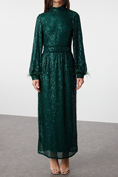 Trendyol Modest Βραδινό φόρεμα με παγιέτες σμαραγδί πράσινο με λεπτομέρεια Otriş - TCTSS24DB00049