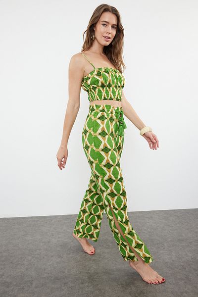 Trendyol Collection Geometric Patterned Woven Drawstring Blouse Pants Set TBESS24AU00048