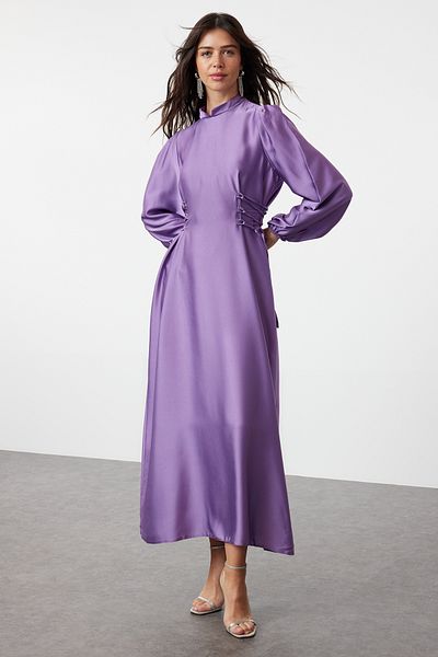 Trendyol Modest Saténové večerní šaty – Lila, Britli Pas, TCTSS23DB00037