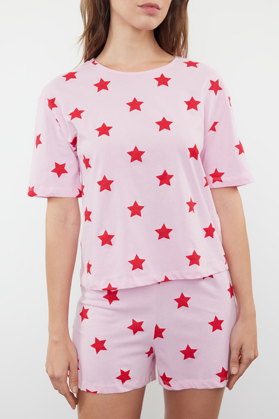 Trendyol Collection Hvězdicový vzor 100% bavlna, růžové pyžamo a šortky - THMSS22PT0501