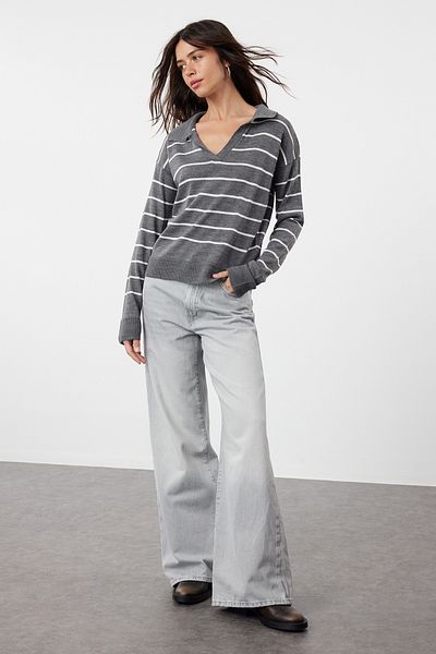 Trendyol Collection Anthracite Striped Polo Neck Knitwear Sweater Twoaw22Kz0735