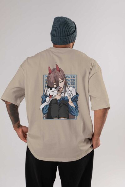 Ankhises POWER CHAINSAWMAN Аніме з принтом на спині Бежевий Oversize футболка...