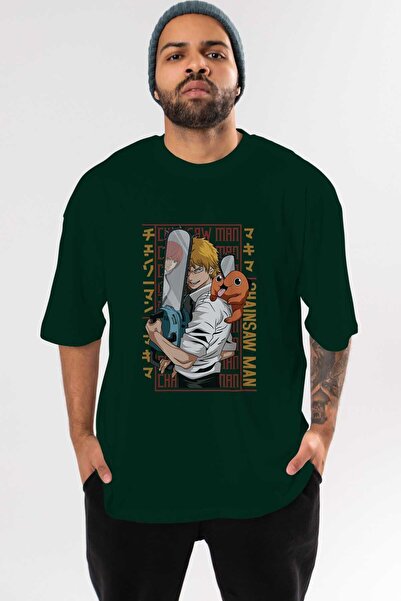 Ankhises Аніме-футболка з принтом Chainsaw DENJI, смарагдово-зелена, оверсайз...