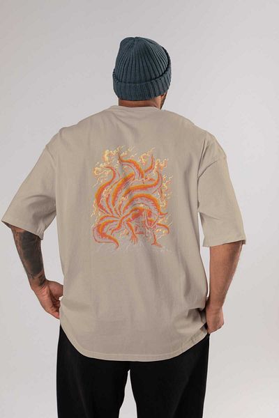 Ankhises NARUTO KYUUBI Anime Print - Bej, 100% bumbac, tricou supradimensionat pentru bărbați și femei