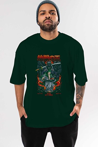 Ankhises Roronoa Zoro 4 Anime Front Štampano Emerald Green Oversize kroj T-sh...