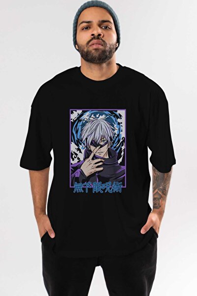 Ankhises تي شيرت أسود كبير الحجم مطبوع من الأمام للرجال والنساء من SATORU GOJO 3
