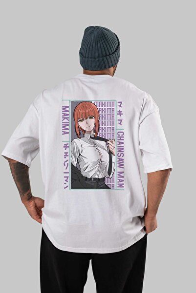 Ankhises Чоловіча та жіноча біла футболка oversize з принтом аніме Makima Cha...