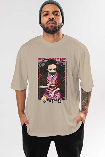 Ankhises Nezuko Kamado 1 Anime Prednja Štampano Bež Oversize kroj T-shirt Muš...