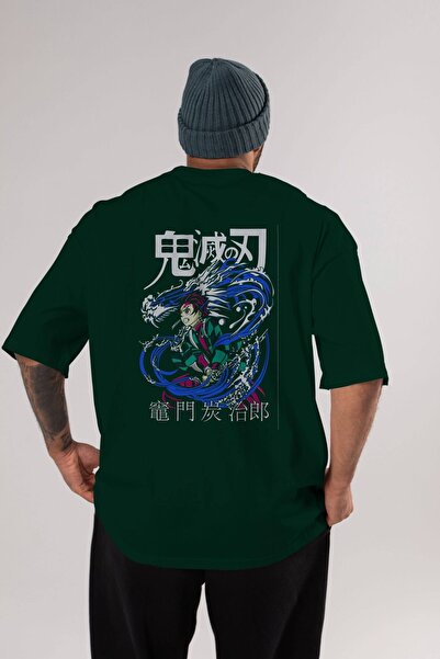 Ankhises TANJIRO KAMADO 2 Anime Back Štampano Emerald Green Oversize kroj T-s...